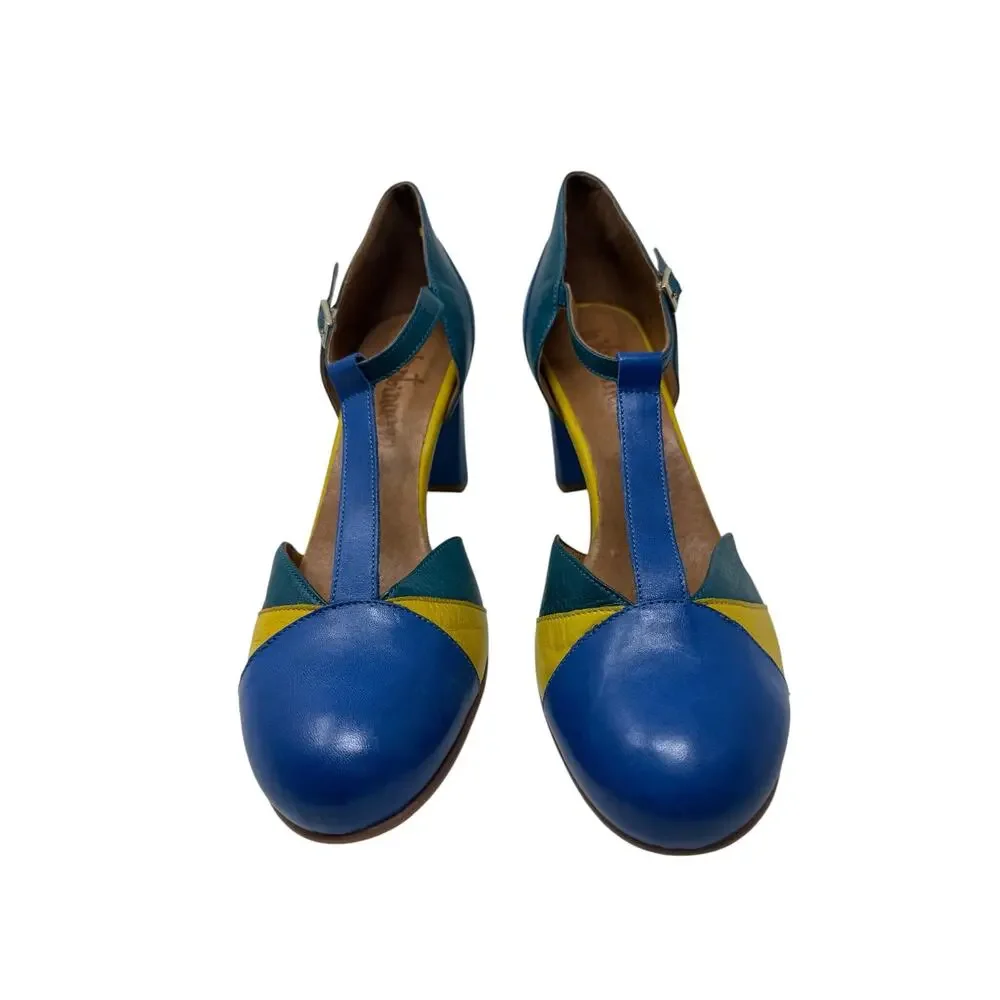 La Veintinueve Dana Leather T Strap Colorblock Retro Pin Up Heels US 10 EU 42